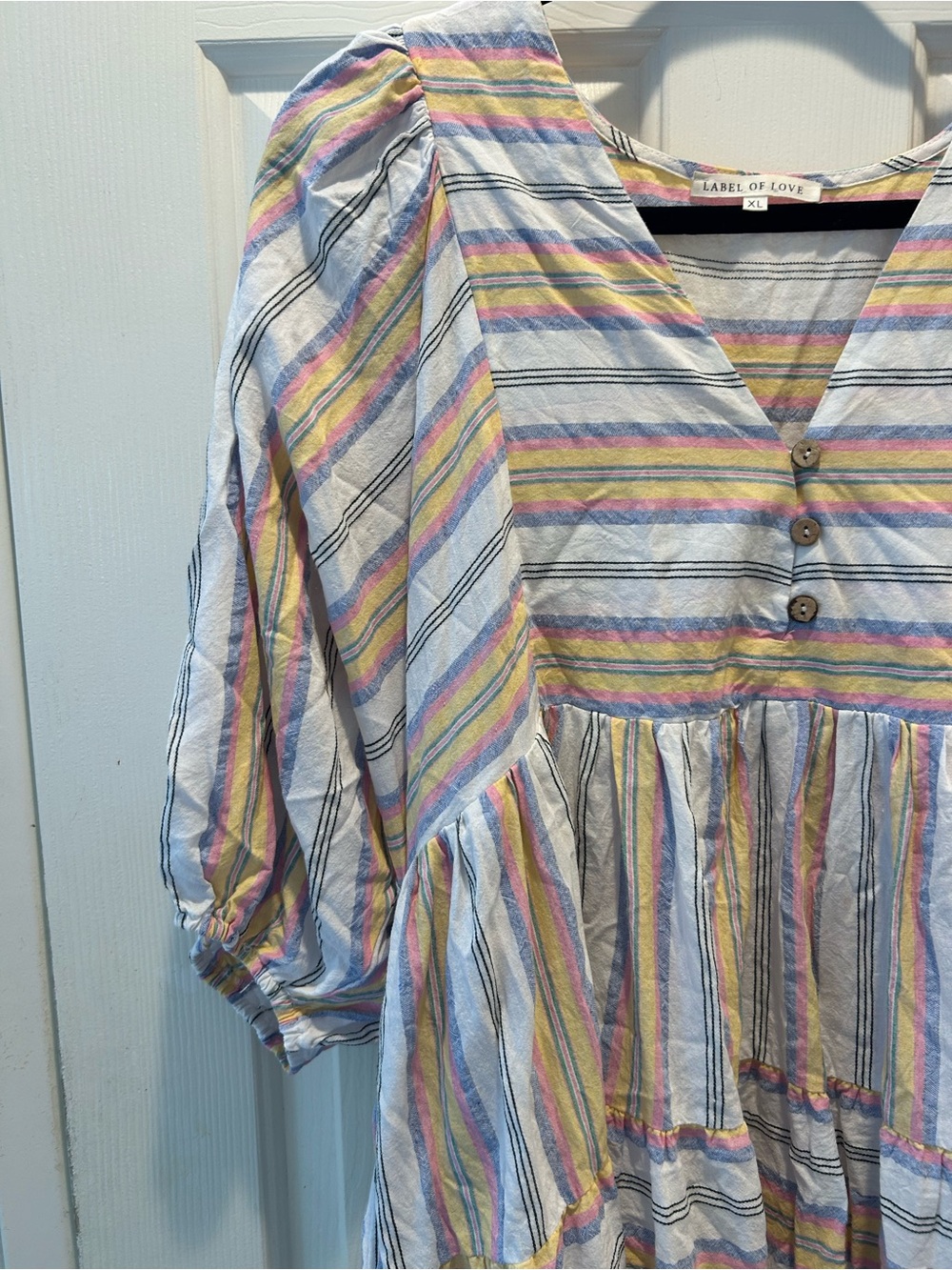 Label of Love XL Striped Tiered Midi Dress Puff Sleeve Coastal Boho - Picture 3 of 13